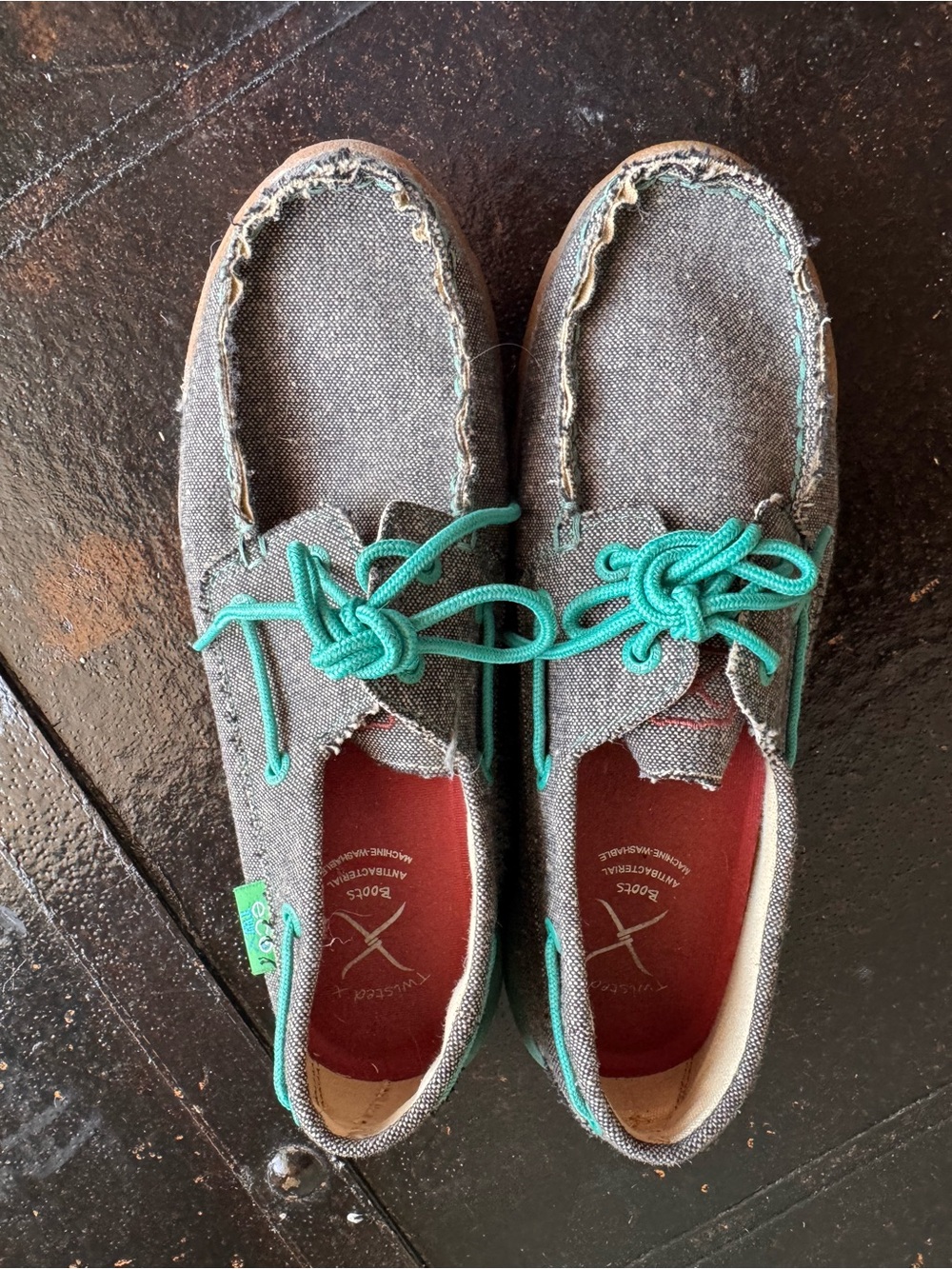 Twisted X Gray Canvas Flats with Teal Laces